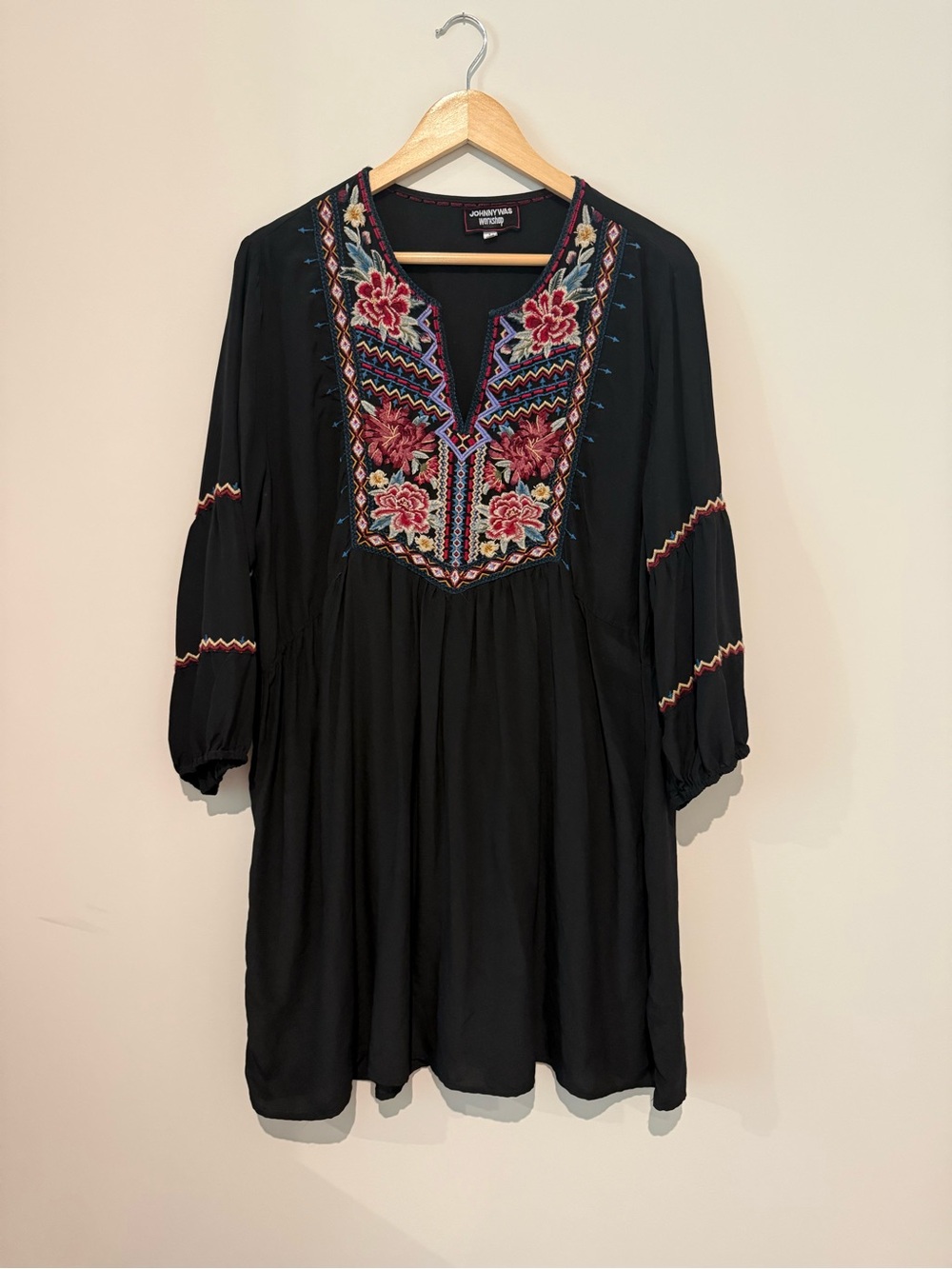 Johnny Was Workshop SILK Embroidered Dark Romance Boho Floral Applique Dress L